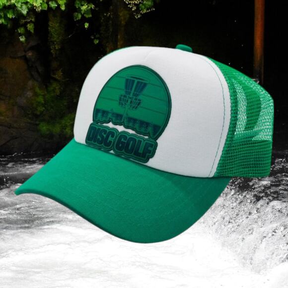 Disc Golf Leather Patch Hat Custom Trucker Hat Engraved Basket Wht/Kelly Green - Picture 3 of 8